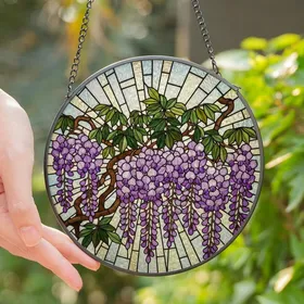 Nature Lovers' Intricate Tiffany Stained Glass Wisteria Bloom Mosaic Lavender Violet Green Jewel Tones Stained Glass Suncatcher