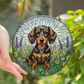 Dachshund Lovers' Dapple Dachshund Puppy Stained Glass Wildflower Field Ethereal Sky Jewel Tones Stained Glass Suncatcher