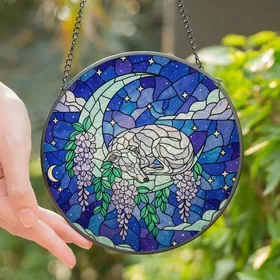 Dog Lovers' Iridescent Greyhound Crescent Moon Tiffany Stained Glass Wisteria Starry Night Emerald Teal Pink Art Stained Glass Suncatcher