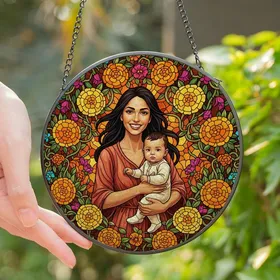 Mothers' Jewel Tone Stained Glass Mother & Child Floral Mosaic Art, Intricate Edge-to-Edge Stained Glass Suncatcher