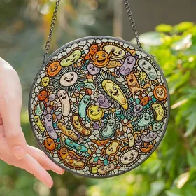 Science Enthusiasts' Whimsical Microbe Tiffany Stained Glass Yellow Lavender Teal Orange Pink Stained Glass Suncatcher