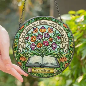 Teachers' Tiffany Style Stained Glass Book, Blooming Flowers, 'Mrs. Wilson' Pencil, Inspirational Quote, Vibrant Jewel Tones Stained Glass Suncatcher