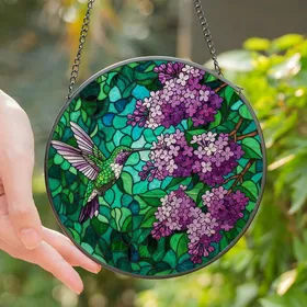 Nature Lovers' Vibrant Hummingbird Lilac Tiffany Stained Glass Jewel Tone Pattern Stained Glass Suncatcher