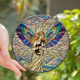 Pet Lovers' Tiffany Style Stained Glass Angel Cradling Tuxedo Cat Jewel Tone Mosaic Art Stained Glass Suncatcher