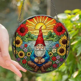 Whimsical Art Lovers' Tiffany Style Stained Glass Gnome Meadow Sunflowers Radiant Jewel Tones Stained Glass Suncatcher