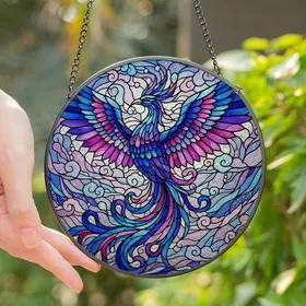Fantasy Art Lovers' Tiffany Stained Glass Iridescent Mosaic Phoenix in Flight Jewel Tone Cerulean Magenta Silver Stained Glass Suncatcher