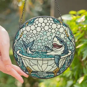 Whimsical Ocean Lovers' Tiffany Stained Glass Shark Bathtub Cerulean Blue Gold Geometric Mosaic Stained Glass Suncatcher