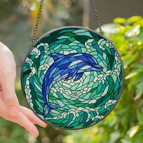 Dolphin Lovers' Vibrant Tiffany Style Stained Glass Leaping Dolphin Ocean Wave Mosaic Art Stained Glass Suncatcher