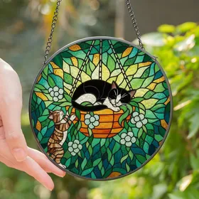 Cat Lovers' Tiffany Style Stained Glass Art, Sleeping Tuxedo & Climbing Tabby, Botanical Mosaic Stained Glass Suncatcher