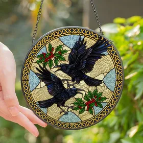 Mystical Art Lovers' Detailed Tiffany Stained Glass Ravens, Golden Runes, Holly & Celtic Knotwork Mosaic Stained Glass Suncatcher
