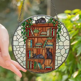 Cat & Book Lovers' Tiffany Stained Glass Bookshelf, Black Cats, Green Plants & Jewel Tone Mosaic Stained Glass Suncatcher