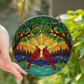 Nature Lovers' Vibrant Tiffany Style Stained Glass Affectionate Red Cardinals Jewel Tone Mosaic Stained Glass Suncatcher