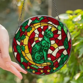 Cat Lovers' Glowing Emerald Green Cat Ruby Red Holly Crescent Moon Stained Glass Mosaic Art Stained Glass Suncatcher