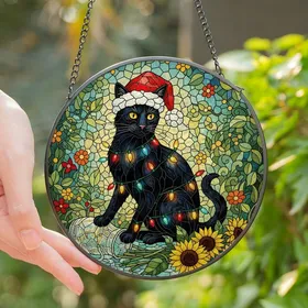 Cat Lovers' Festive Stained Glass Black Cat Santa Hat Christmas Lights & Sunflowers Mosaic Stained Glass Suncatcher