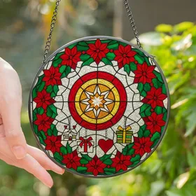 Holiday Celebrants' Intricate Ruby Emerald Stained Glass Christmas Sun Catcher Poinsettia Wreath Mosaic Stained Glass Suncatcher