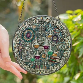 Science Lovers' Intricate Stained Glass Lab Equipment Atomic DNA Jewel Tone Mosaic Pattern Stained Glass Suncatcher