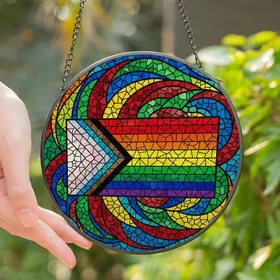 Art Lovers' Tiffany Style Stained Glass Rainbow & Earth Tone Chevron Mosaic Stained Glass Suncatcher