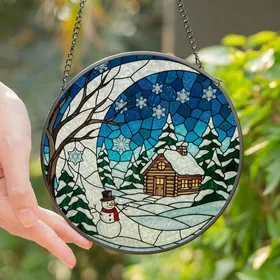 Winter Art Lovers' Icy Blue & Warm Amber Stained Glass Cozy Cabin Snowman Mosaic Stained Glass Suncatcher