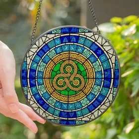 Celtic Art Lovers' Intricate Tiffany Style Stained Glass Triquetra Knot Emerald Gold Jewel Tones Mosaic Pattern Stained Glass Suncatcher