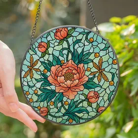 Art & Nature Lovers' Tiffany Stained Glass Coral Peony Teal Leaf Dragonfly Mosaic Stained Glass Suncatcher