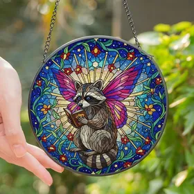 Whimsical Art Lovers' Vibrant Tiffany Stained Glass Raccoon Butterfly Reading Celestial Floral Pattern Stained Glass Suncatcher