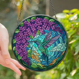Nature Lovers' Edge-to-Edge Stained Glass Hummingbird Lilac Floral Jewel Tone Art Stained Glass Suncatcher