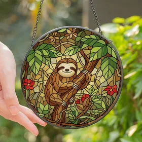 Nature Lovers' Smiling Sloth Stained Glass Amber Green Red Blue Tropical Mosaic Stained Glass Suncatcher