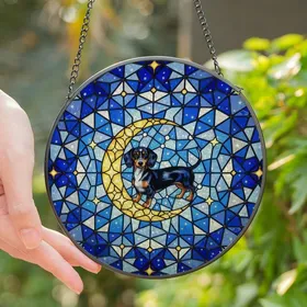 Dachshund Lovers' Tiffany Stained Glass Dapple Dachshund Moon Celestial Jewel Tone Blue Mosaic Stained Glass Suncatcher