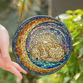 Golden Retriever Owners' Sparkling Stained Glass Golden Retriever Sleeping Azure Gold Crescent Moon Stained Glass Suncatcher
