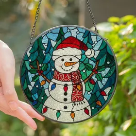 Holiday Celebrants' Tiffany Stained Glass Jolly Snowman Ruby Red Emerald Green Winter Wonderland Mosaic Pattern Stained Glass Suncatcher