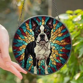 Boston Terrier Lovers' Tiffany Glass Boston Terrier Portrait Vivid Teal Crimson Amber Geometric Mosaic Stained Glass Suncatcher