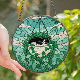 Cat Lovers' Tiffany-Style Sleeping Tuxedo Cat Emerald Ivy Jewel Tone Art Stained Glass Suncatcher