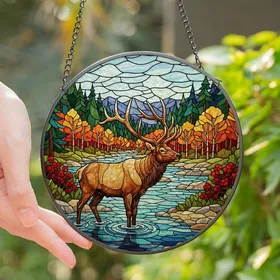 Nature Lovers' Intricate Stained Glass Elk Art River Forest Green Blue Red Tones Stained Glass Suncatcher