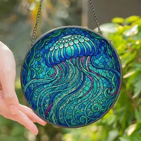 Ocean Life Enthusiasts' Tiffany Stained Glass Jellyfish Aqua Teal Indigo Mosaic Stained Glass Suncatcher