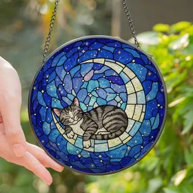 Cat Lovers' Detailed Tiffany Style Stained Glass Gray Tabby Cat Crescent Moon Cosmic Night Sky Jewel Tones Stained Glass Suncatcher