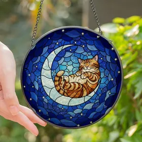 Cat Lovers' Tiffany Stained Glass Sleeping Tabby Cat Moon Blue Grey Jewel Tone Mosaic Stained Glass Suncatcher