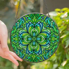 Stained Glass Enthusiasts' Glowing Emerald Teal Aqua Four-Leaf Clover Mosaic Jewel Design Stained Glass Suncatcher