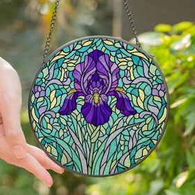 Floral Art Enthusiasts' Majestic Iris Stained Glass Jewel Tone Art, Violet Purple Teal Garden Mosaic Stained Glass Suncatcher