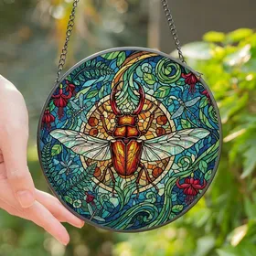 Nature Enthusiasts' Vibrant Stained Glass Stag Beetle Ruby Emerald Sapphire Amber Geometric Leaf Mosaic Stained Glass Suncatcher