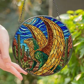Fantasy Art Lovers' Vibrant Tiffany Stained Glass Dragon Mosaic Desert Art with Jewel Tones Stained Glass Suncatcher