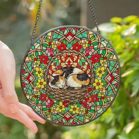 Cat Lovers' Intricate Tiffany Stained Glass Calico Cat Floral Basket Mosaic Jewel Tones Stained Glass Suncatcher