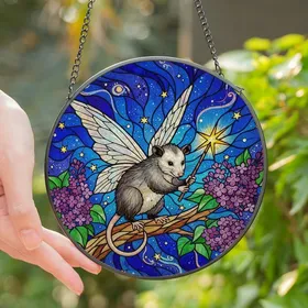 Fantasy Art Lovers' Whimsical Opossum Fairy Tiffany Stained Glass Amethyst Emerald Cosmic Magic Art Stained Glass Suncatcher