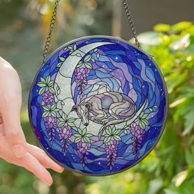 Dog Lovers' Iridescent Stained Glass Greyhound Crescent Moon Purple Wisteria Celestial Stained Glass Suncatcher