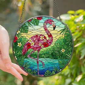 Tropical Art Lovers' Tiffany Stained Glass Flamingo Tropical Flower Mosaic Jewel Tone Pattern Stained Glass Suncatcher