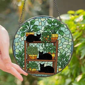 Plant & Cat Lovers' Intricate Stained Glass Black Cats Potted Plants Emerald Green Golden Yellow Geometric Art Stained Glass Suncatcher