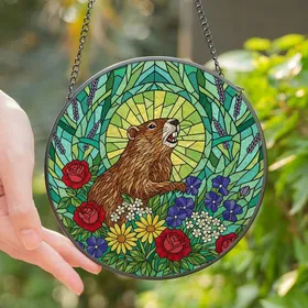 Nature Lovers' Vibrant Stained Glass Groundhog Wildflower Sunburst Mosaic Teal Green Purple Jewel Tones Stained Glass Suncatcher