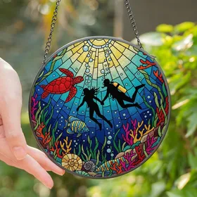 Ocean Lovers' Tiffany Stained Glass Diving Couple, Vibrant Reef Mosaic, Blue Aqua Green Red Jewel Tones Stained Glass Suncatcher