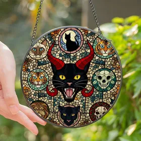 Mystical Cat Lovers' Tiffany Style Stained Glass Demon Cat & Skull Mosaic Stained Glass Suncatcher