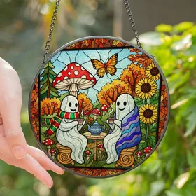 Cozy Fantasy Lovers' Stained Glass Friendly Ghost Tea Party Enchanted Forest Jewel Tone Mosaic Stained Glass Suncatcher