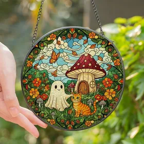 Whimsical Art Lovers' Tiffany Stained Glass Ghost Cat Mushroom Orange Green Landscape Stained Glass Suncatcher